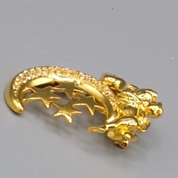 Cherub Crescent Moon Angel Brooch with Rhinestone Stars Valentine's Gift Vintage - Picture 7 of 15